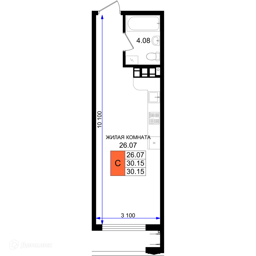 Планировка студии квартиры 30.15 м² в ЖК Резиденция морей, г. Новороссийск — фото 1