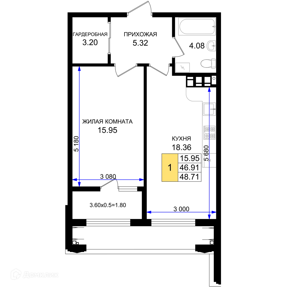 Планировка 1-комнатной квартиры 48.71 м² в ЖК Резиденция морей, г. Новороссийск — фото 1