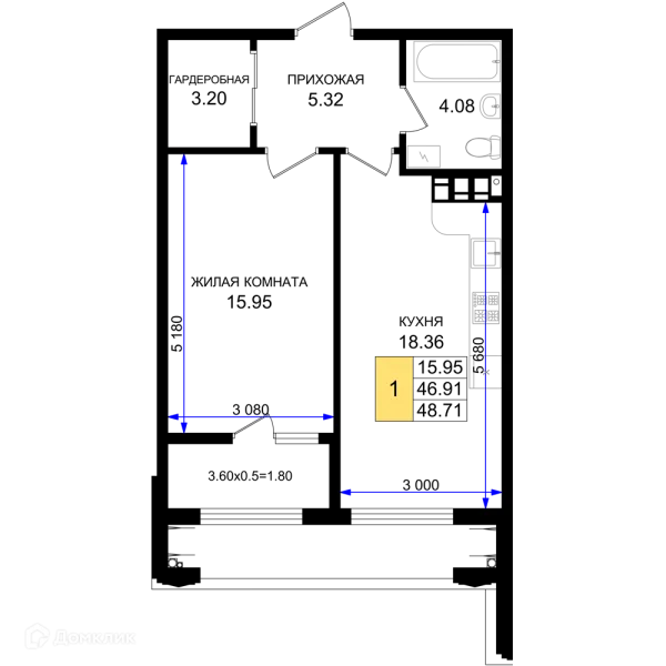 Планировка 1 комн. в ЖК Резиденция морей