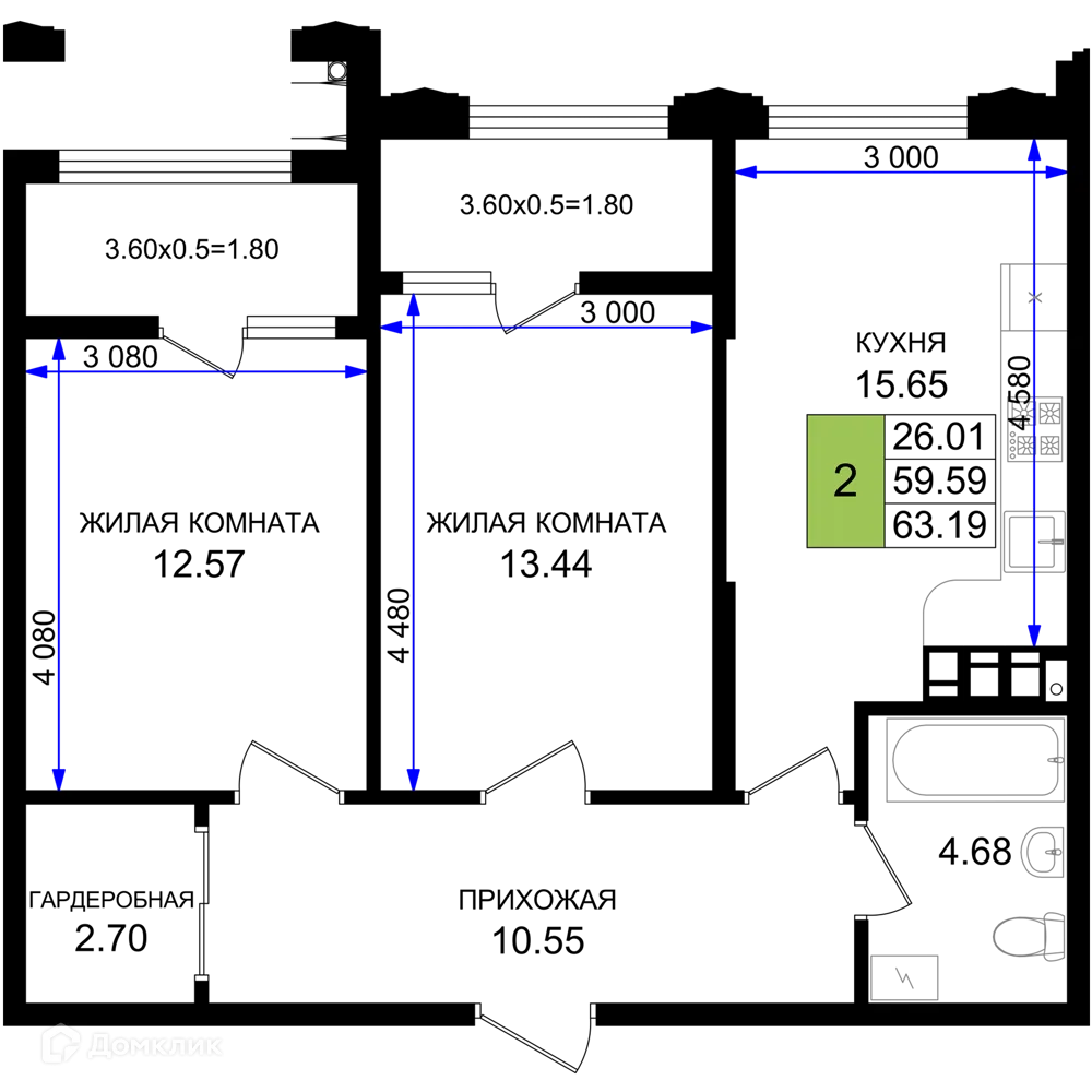Планировка 2-комнатной квартиры 63.19 м² в ЖК Резиденция морей, г. Новороссийск — фото 1
