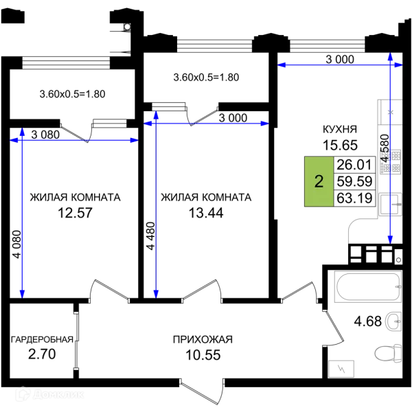 Планировка 2 комн. в ЖК Резиденция морей