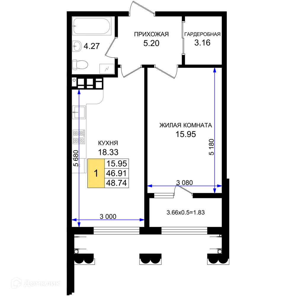 Планировка 1-комнатной квартиры 48.74 м² в ЖК Резиденция морей, г. Новороссийск — фото 1
