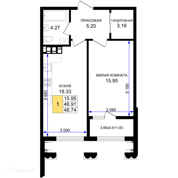 Планировка 1 комн. в ЖК Резиденция морей