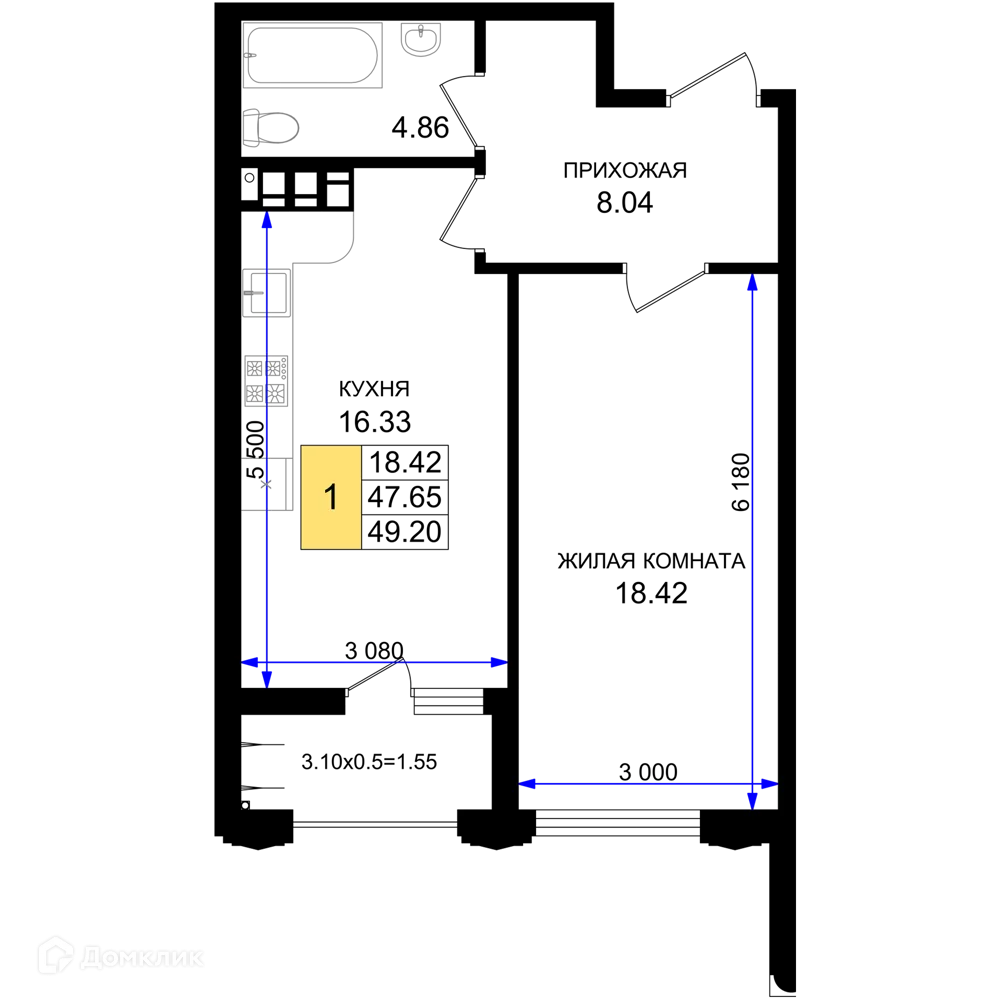 Планировка 1-комнатной квартиры 49.2 м² в ЖК Резиденция морей, г. Новороссийск — фото 1