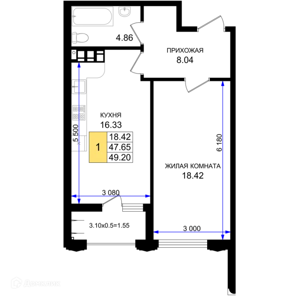 Планировка 1 комн. в ЖК Резиденция морей