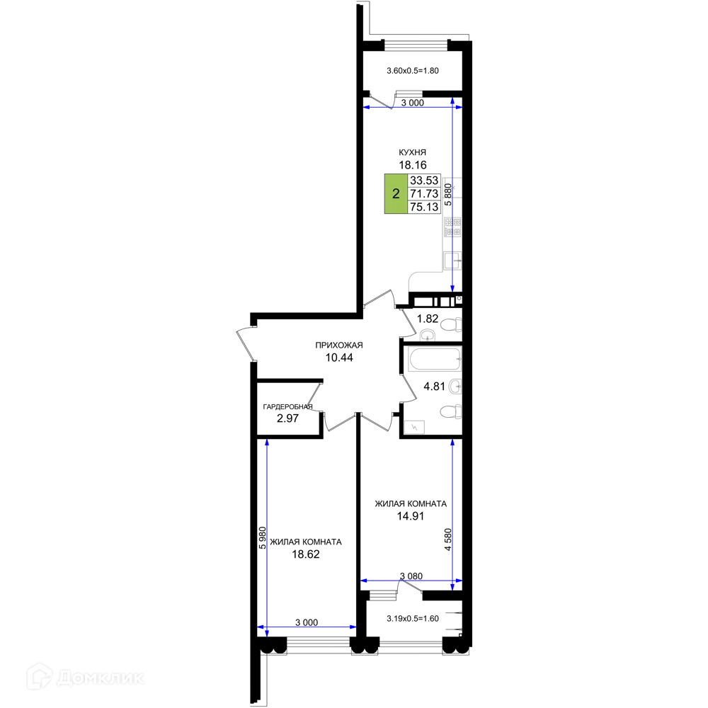 Планировка 2-комнатной квартиры 75.13 м² в ЖК Резиденция морей, г. Новороссийск — фото 1