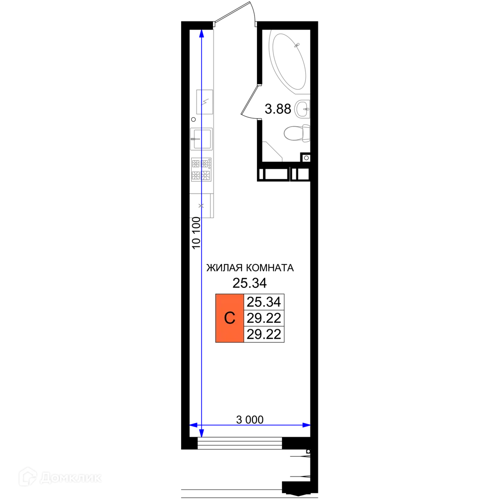 Планировка студии квартиры 29.22 м² в ЖК Резиденция морей, г. Новороссийск — фото 1