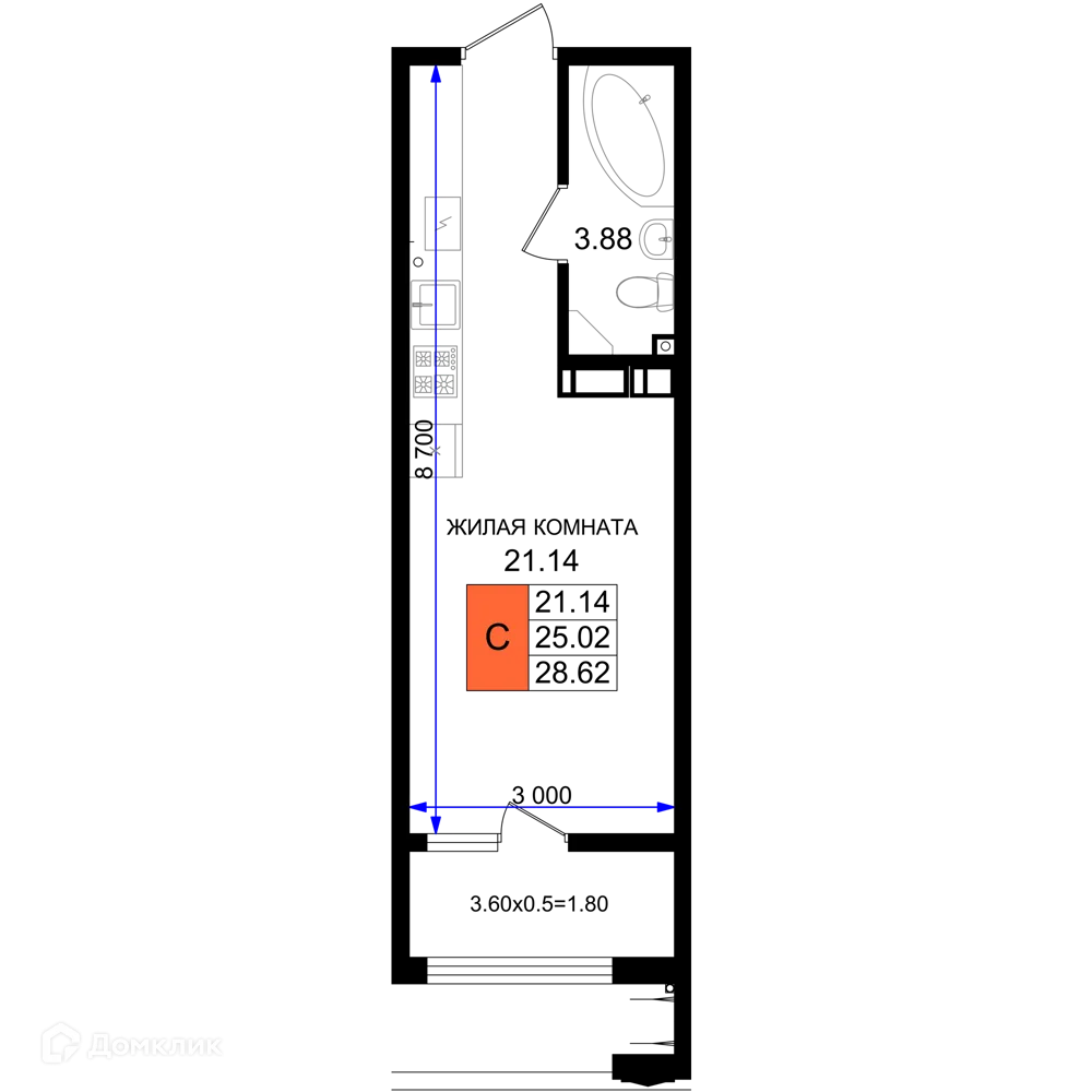 Планировка студии квартиры 26.82 м² в ЖК Резиденция морей, г. Новороссийск — фото 1