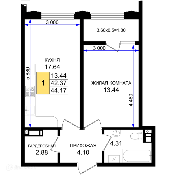 Планировка 1 комн. в ЖК Резиденция морей