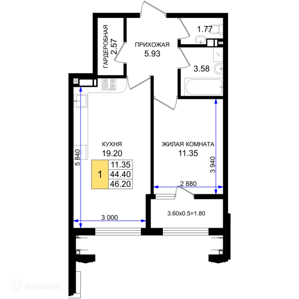 Планировка 1 комн. в ЖК Резиденция морей