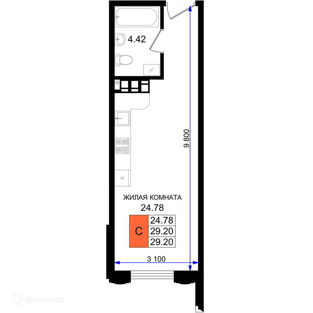 Планировка студии квартиры 29.2 м² в ЖК Резиденция морей, г. Новороссийск — фото 1