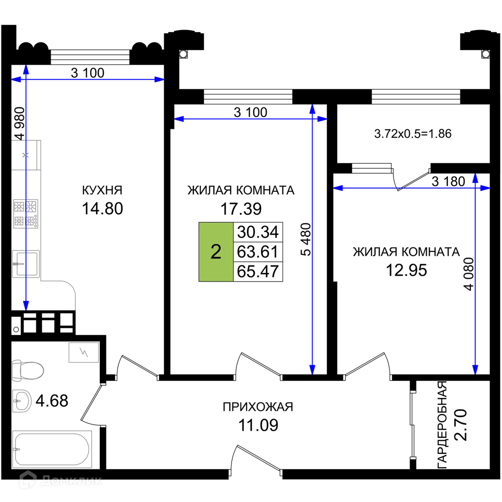Планировка 2-комнатной квартиры 65.47 м² в ЖК Резиденция морей, г. Новороссийск — фото 1