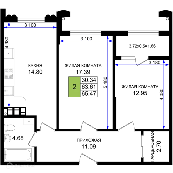 Планировка 2 комн. в ЖК Резиденция морей