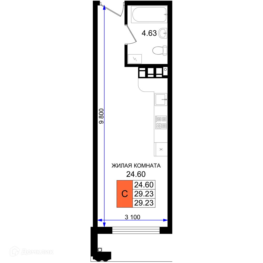 Планировка студии квартиры 29.23 м² в ЖК Резиденция морей, г. Новороссийск — фото 1