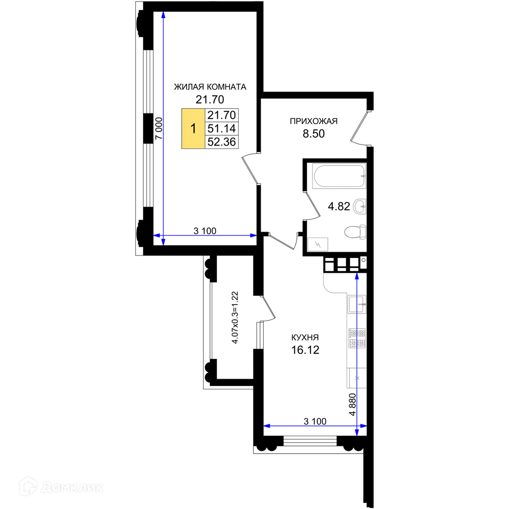 Планировка 1-комнатной квартиры 52.36 м² в ЖК Резиденция морей, г. Новороссийск — фото 1