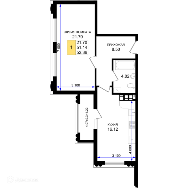 Планировка 1 комн. в ЖК Резиденция морей