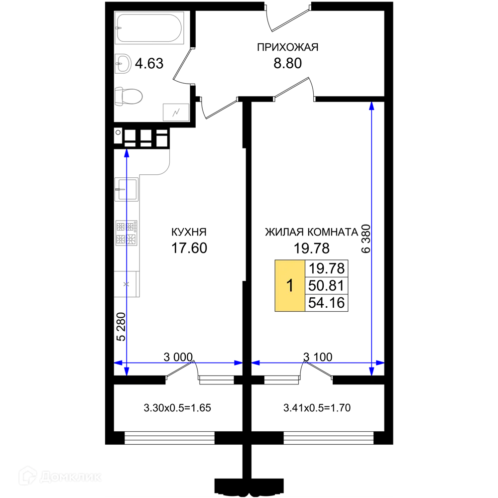 Планировка 1-комнатной квартиры 54.16 м² в ЖК Резиденция морей, г. Новороссийск — фото 1