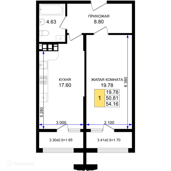 Планировка 1 комн. в ЖК Резиденция морей