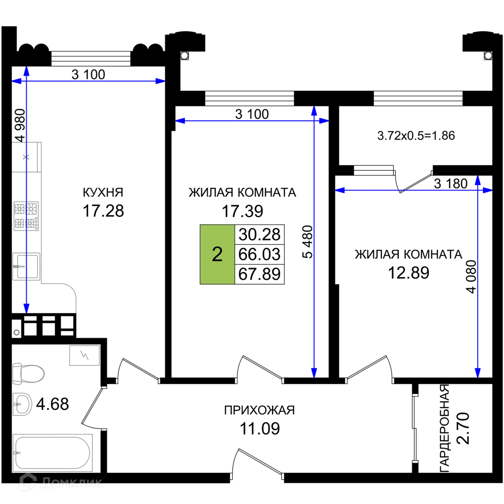 Планировка 2-комнатной квартиры 67.89 м² в ЖК Резиденция морей, г. Новороссийск — фото 1