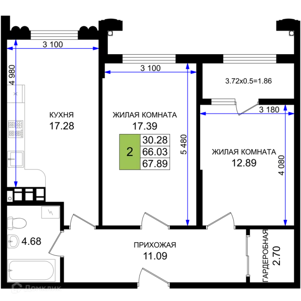 Планировка 2 комн. в ЖК Резиденция морей