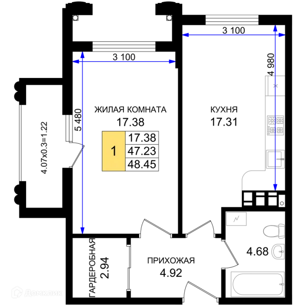 Планировка 1 комн. в ЖК Резиденция морей