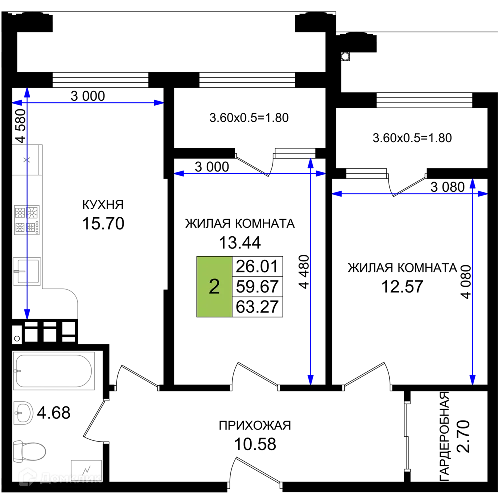 Планировка 2-комнатной квартиры 63.27 м² в ЖК Резиденция морей, г. Новороссийск — фото 1
