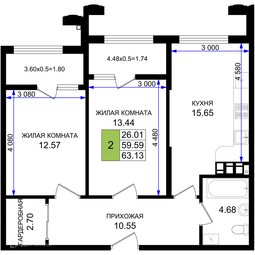 Планировка 2-комнатной квартиры 63.13 м² в ЖК Резиденция морей, г. Новороссийск — фото 1