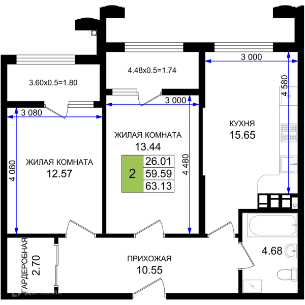 Планировка 2 комн. в ЖК Резиденция морей