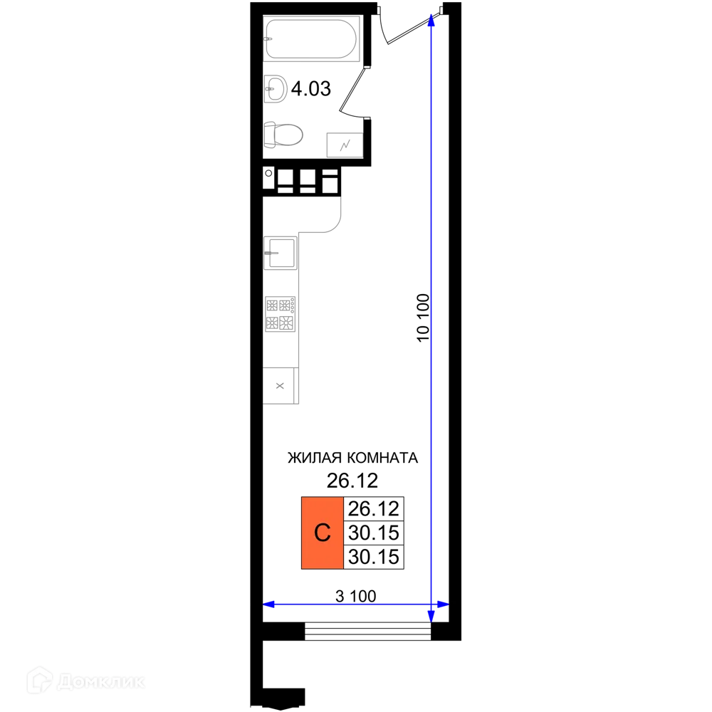 Планировка студии квартиры 30.15 м² в ЖК Резиденция морей, г. Новороссийск — фото 1