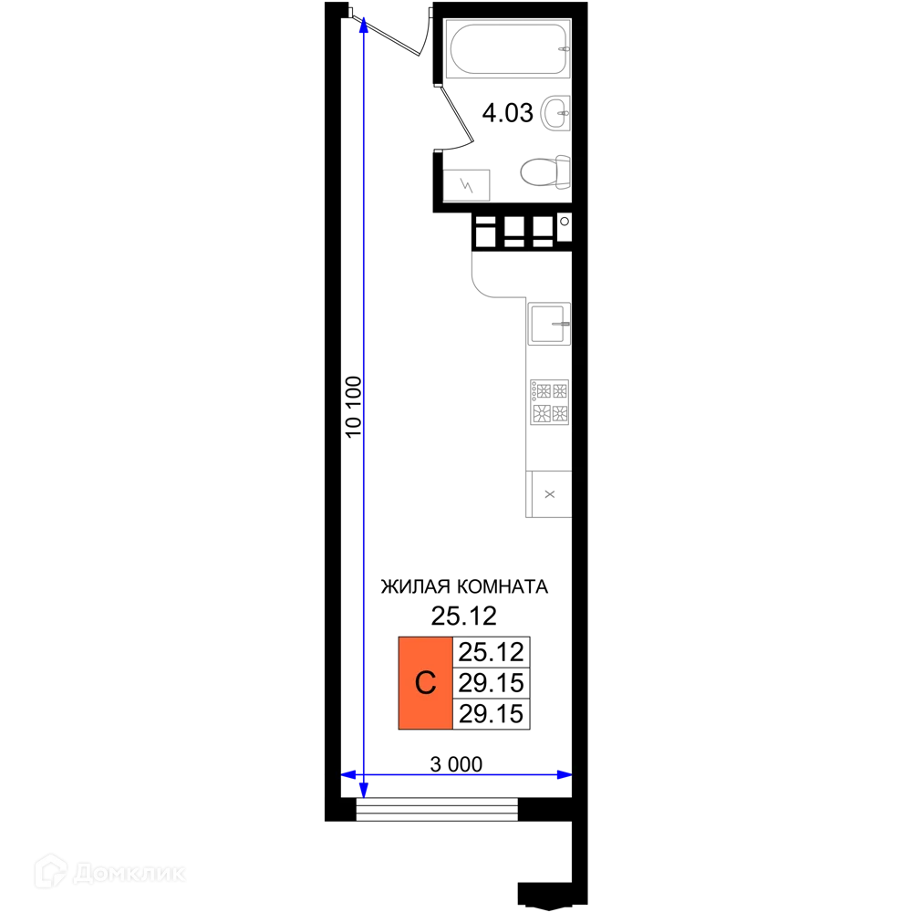 Планировка студии квартиры 29.15 м² в ЖК Резиденция морей, г. Новороссийск — фото 1