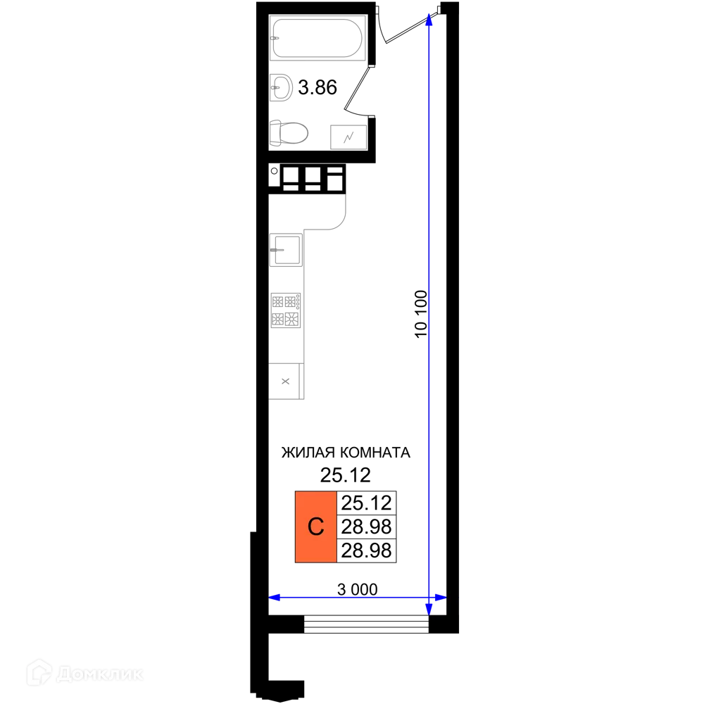 Планировка студии квартиры 28.98 м² в ЖК Резиденция морей, г. Новороссийск — фото 1
