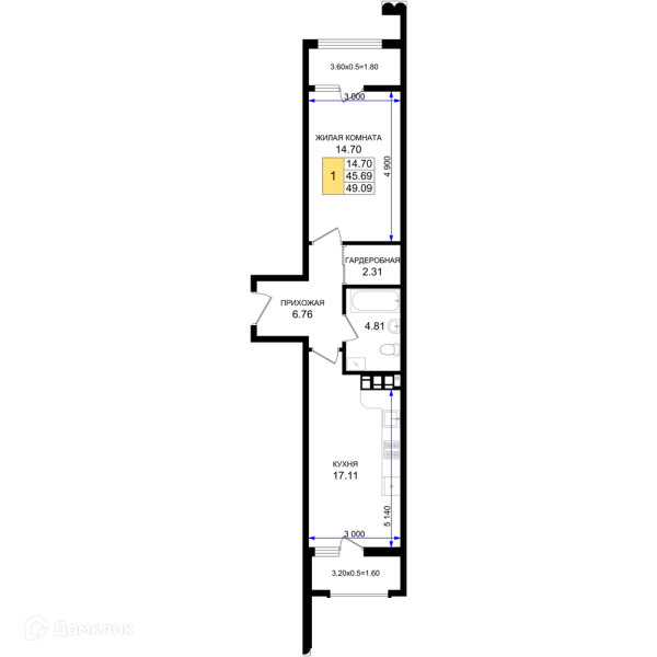 Планировка 1 комн. в ЖК Резиденция морей