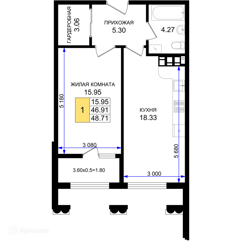 Планировка 1-комнатной квартиры 48.71 м² в ЖК Резиденция морей, г. Новороссийск — фото 1