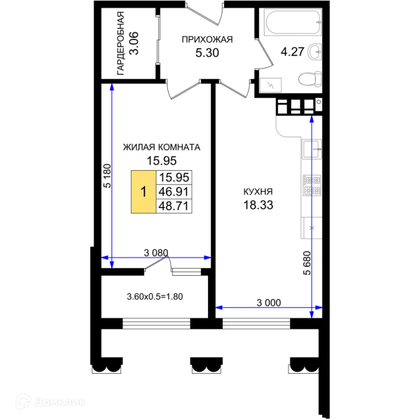 Планировка 1 комн. в ЖК Резиденция морей