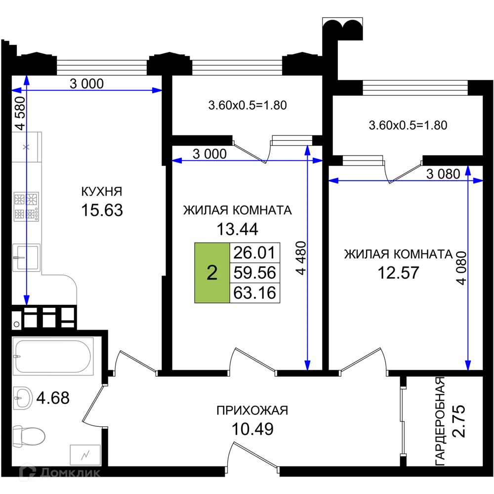 Планировка 2-комнатной квартиры 63.16 м² в ЖК Резиденция морей, г. Новороссийск — фото 1