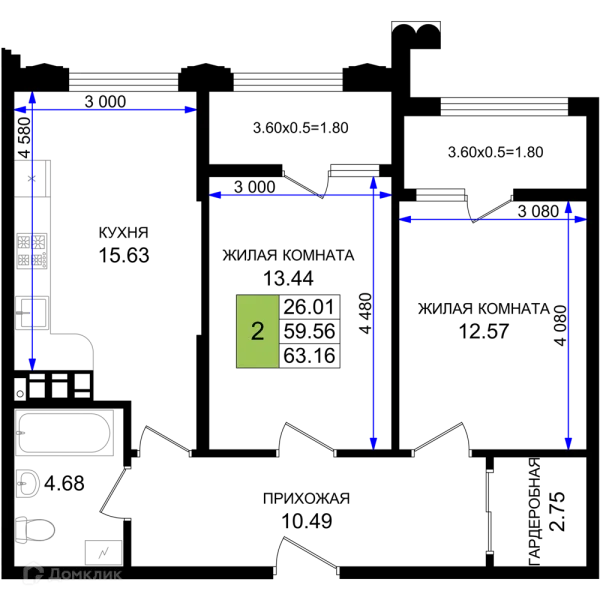 Планировка 2 комн. в ЖК Резиденция морей