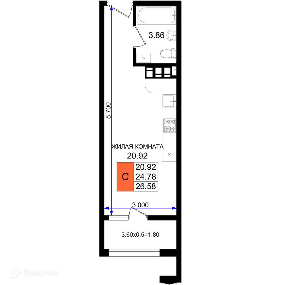Планировка студии квартиры 26.58 м² в ЖК Резиденция морей, г. Новороссийск — фото 1