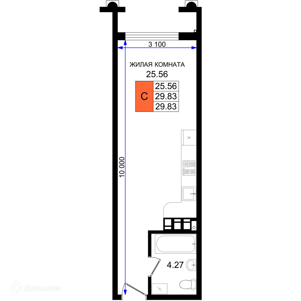 Планировка студии квартиры 29.83 м² в ЖК Резиденция морей, г. Новороссийск — фото 1