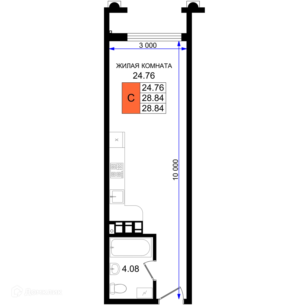 Планировка студии квартиры 28.84 м² в ЖК Резиденция морей, г. Новороссийск — фото 1