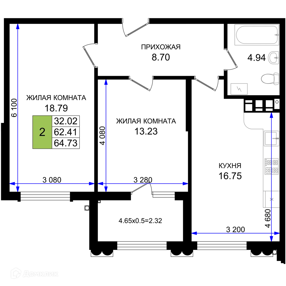Планировка 2-комнатной квартиры 64.73 м² в ЖК Резиденция морей, г. Новороссийск — фото 1