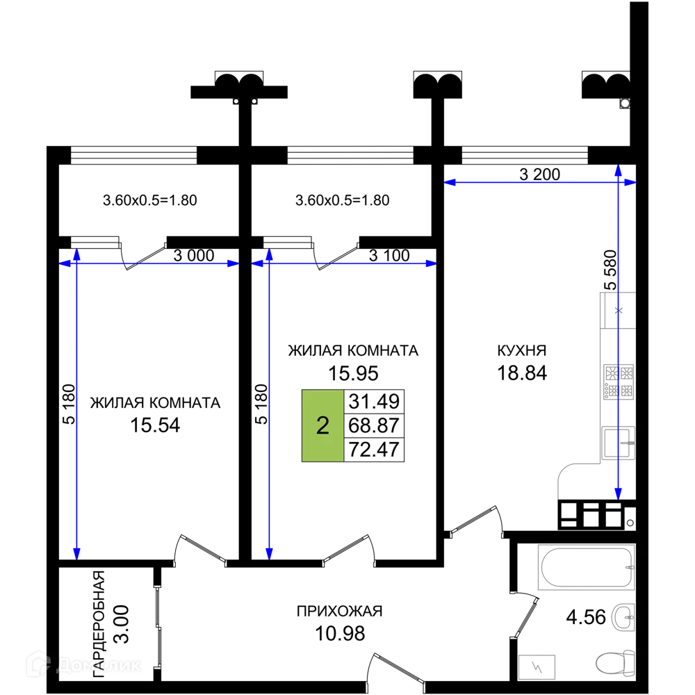 Планировка 2-комнатной квартиры 72.47 м² в ЖК Резиденция морей, г. Новороссийск — фото 1