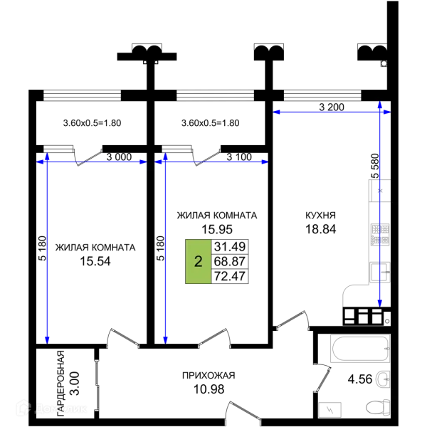 Планировка 2 комн. в ЖК Резиденция морей