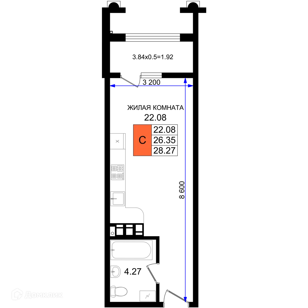 Планировка студии квартиры 28.27 м² в ЖК Резиденция морей, г. Новороссийск — фото 1