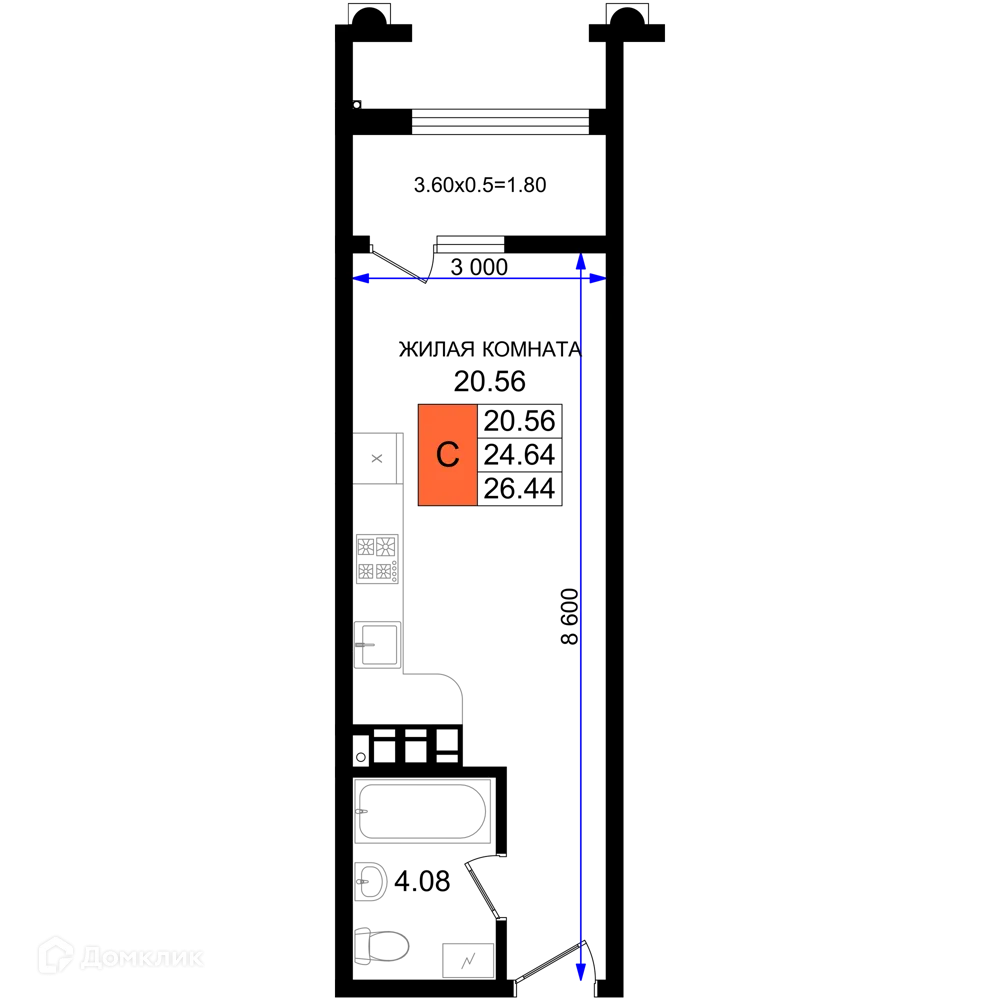 Планировка студии квартиры 26.44 м² в ЖК Резиденция морей, г. Новороссийск — фото 1