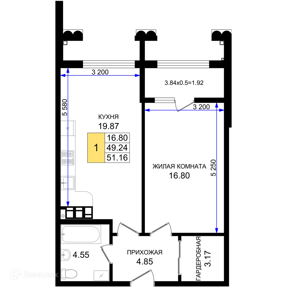 Планировка 1-комнатной квартиры 51.16 м² в ЖК Резиденция морей, г. Новороссийск — фото 1