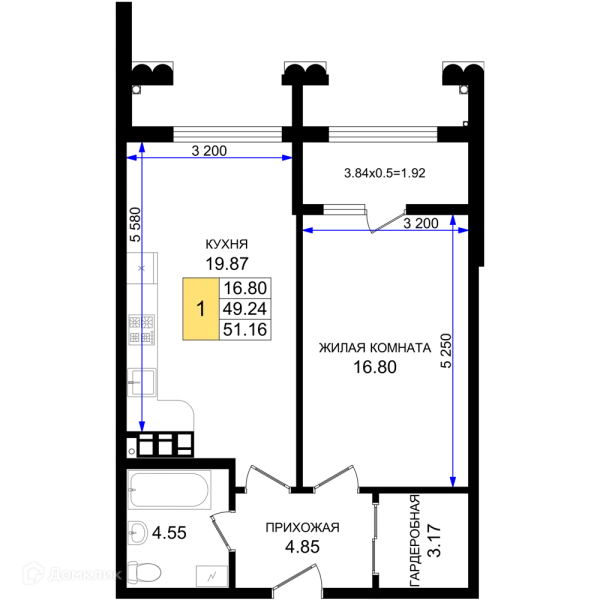 Планировка 1 комн. в ЖК Резиденция морей