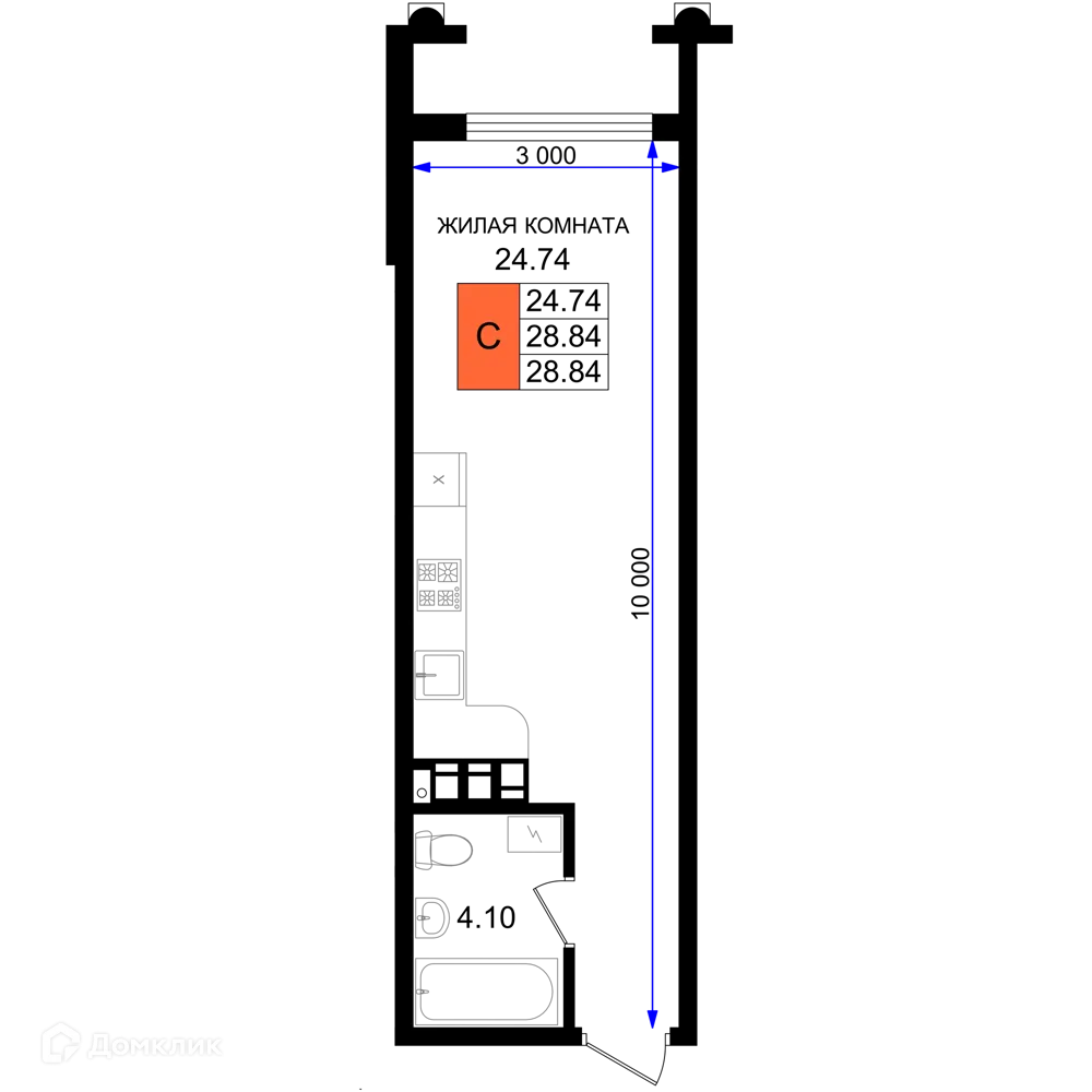 Планировка студии квартиры 28.84 м² в ЖК Резиденция морей, г. Новороссийск — фото 1