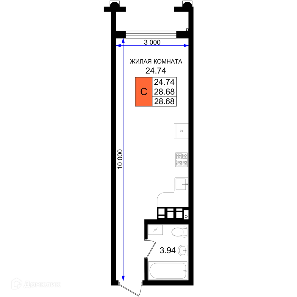 Планировка студии квартиры 28.68 м² в ЖК Резиденция морей, г. Новороссийск — фото 1