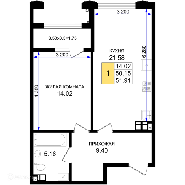 Планировка 1 комн. в ЖК Резиденция морей