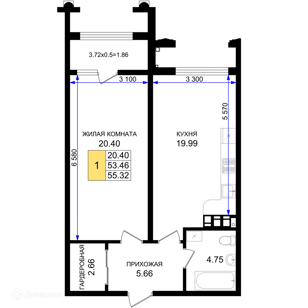 Планировка 1-комнатной квартиры 55.32 м² в ЖК Резиденция морей, г. Новороссийск — фото 1